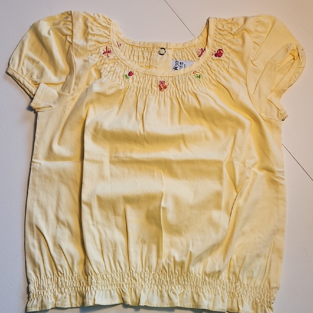 Yellow Peasant Blouse with Elastic Hem and Puffy Sleeves